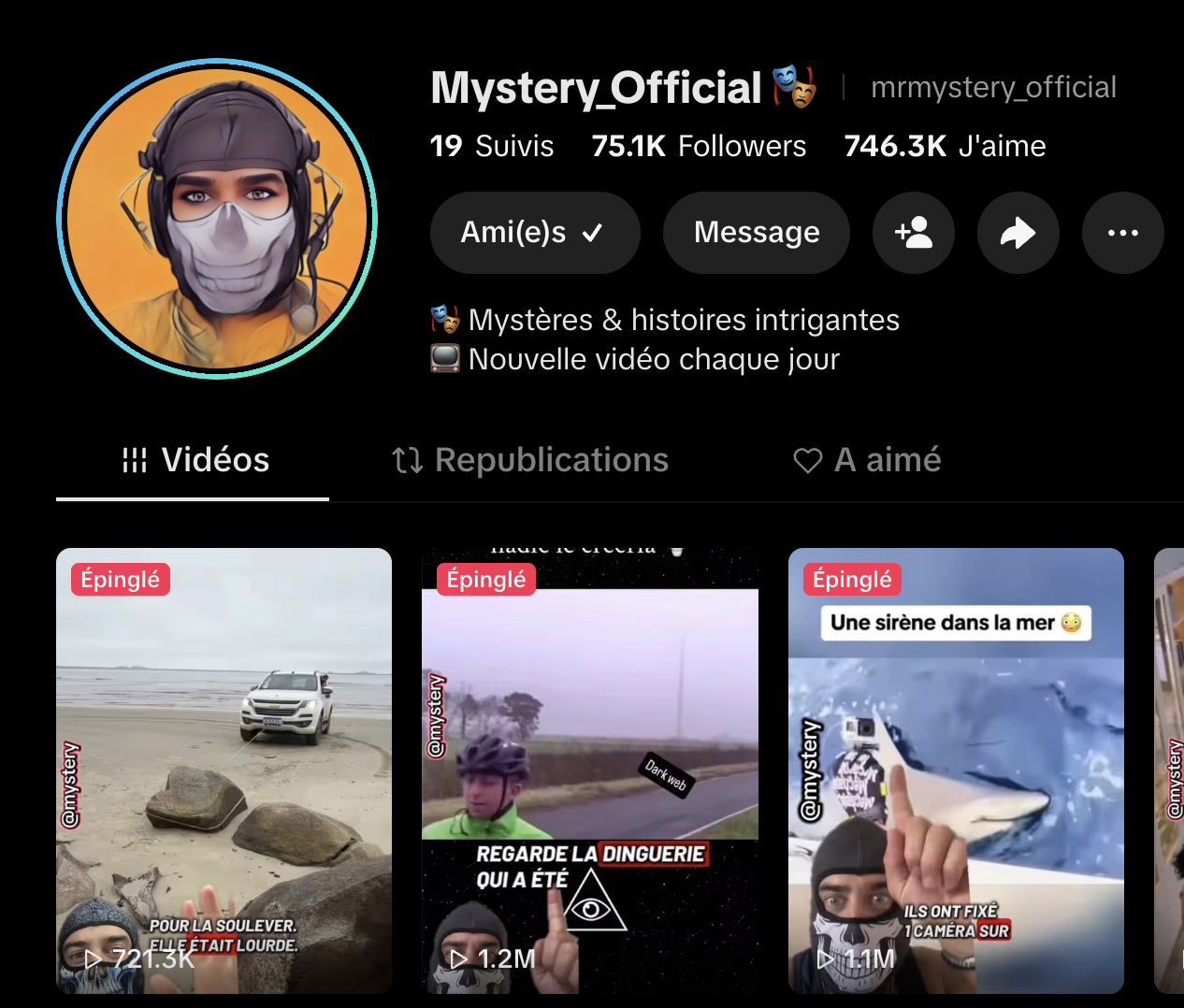 Compte TikTok Mystery Official avec 75,1 K abonnés et des vidéos à plus d’un million de vues