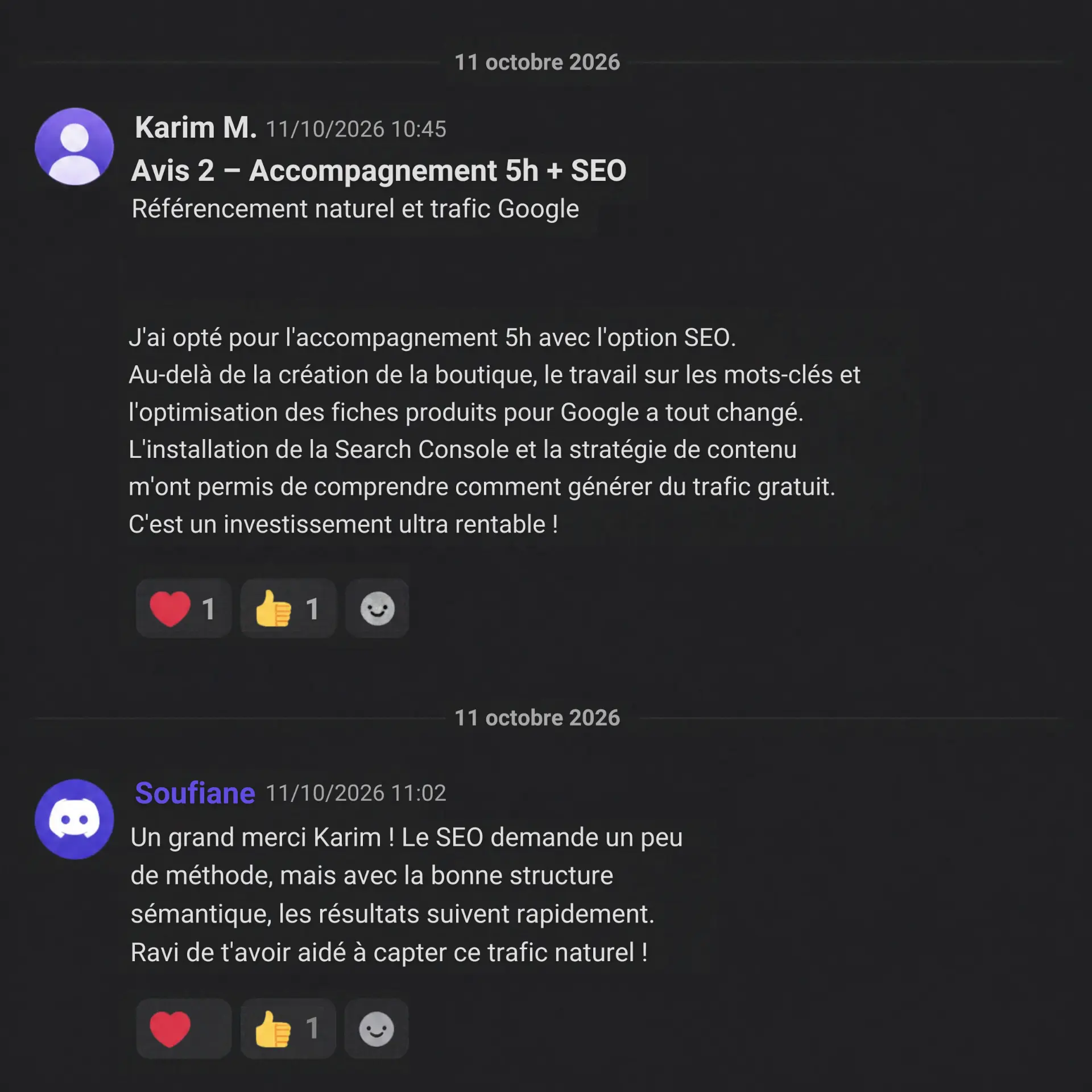 Avis de Karim M. sur l’accompagnement 5h + SEO